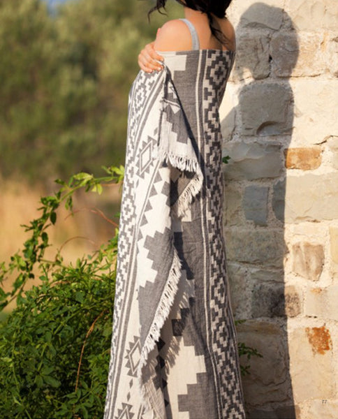 Throw with Aztec pattern, cotton, made in Turkey - Shopping Blue